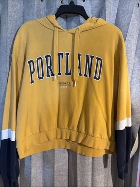 H&M Mustard Yellow Crewneck Hoodie with Navy & White Sleeve Panels